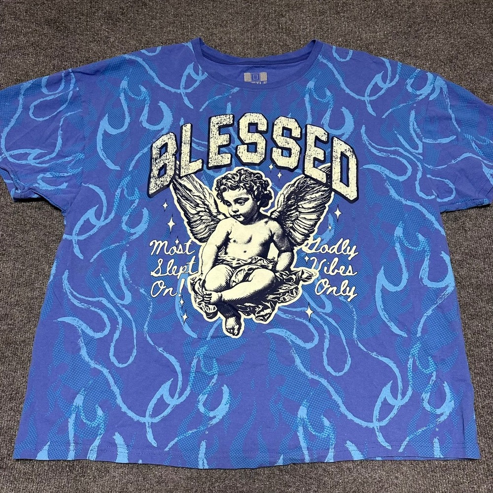 Hustle Gang Blessed Angel Blue Flame Graphic T-Shirt Mens 3XL Streetwear Tee